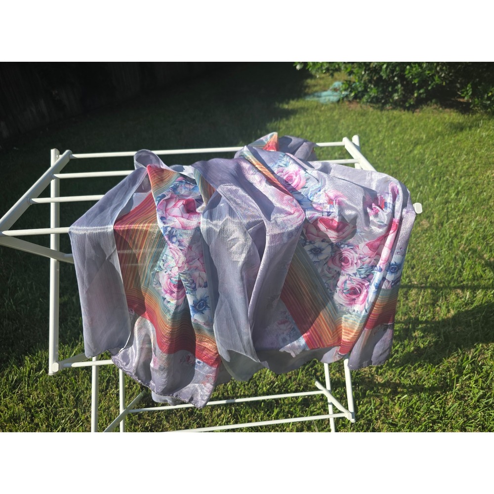 Lavender Floral Scarf Metallic Lurex Shimmer Pink Rose Rainbow Stripe Border - Picture 3 of 7